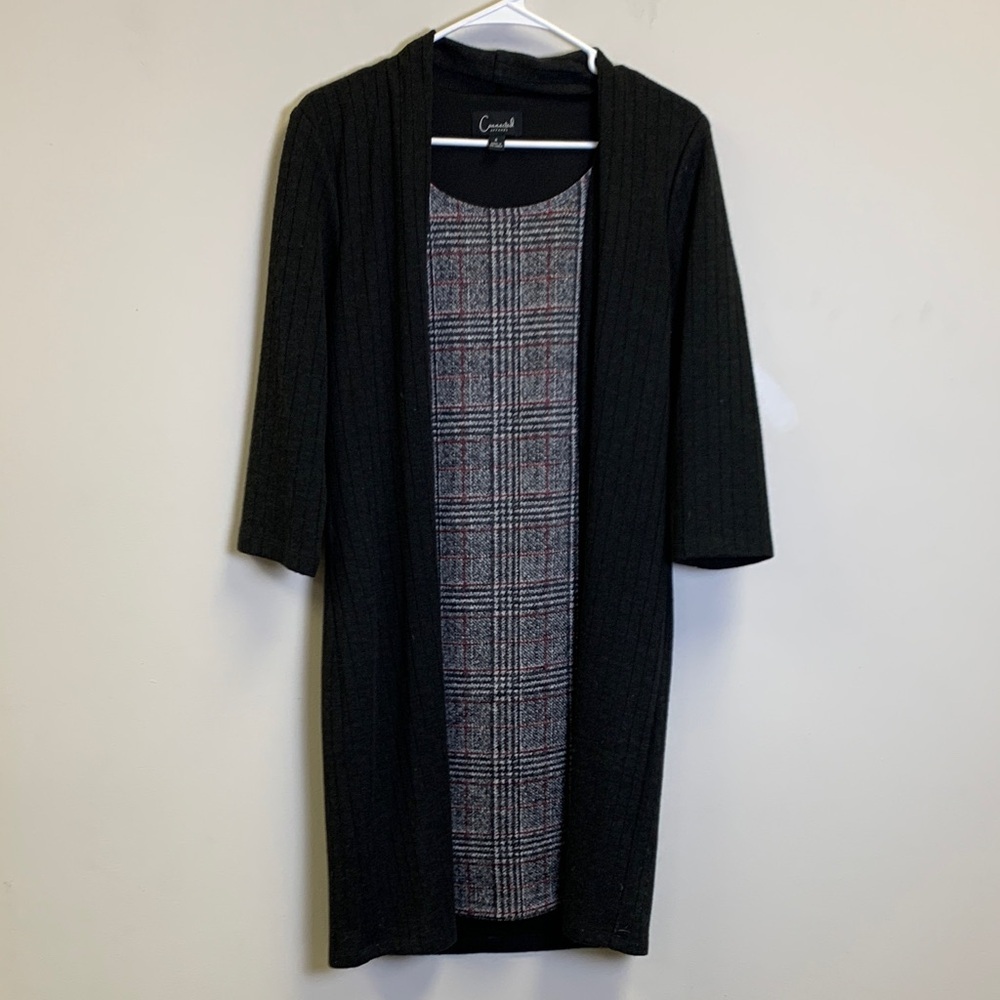 Black and Gray Plaid Dress with Cardigan